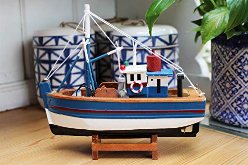 Thorness Wooden Model Navy and White Hull Fishing Boat with
