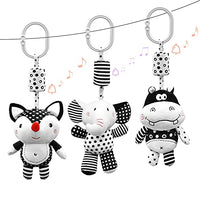Euyecety Hanging Rattles Toys White & Black Stroller Toy, Newborn Toys Infant Toys Crib Toys, Soft Plush for Stroller Car Seat Crib with Wind Chimes, Best Baby Gift for 0,3,6,9,12,18 Months (3 Packs)