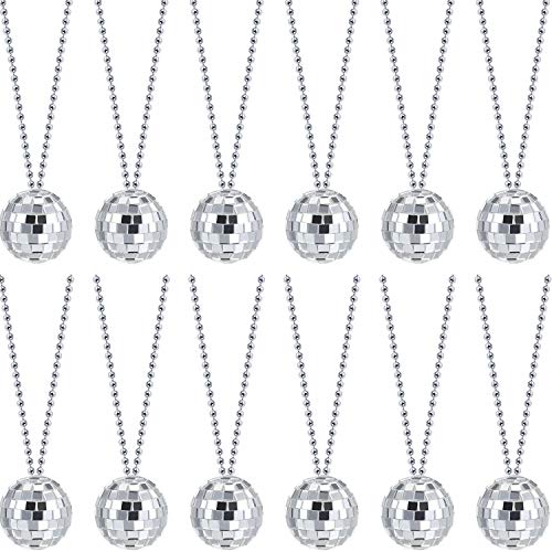 12 Piece Mirror Disco Ball Necklaces 70s Disco Party Necklaces for Home Decorations, Stage Props, Game Accessories, School Festivals,Halloween Party Favor and Supplies (Silver)