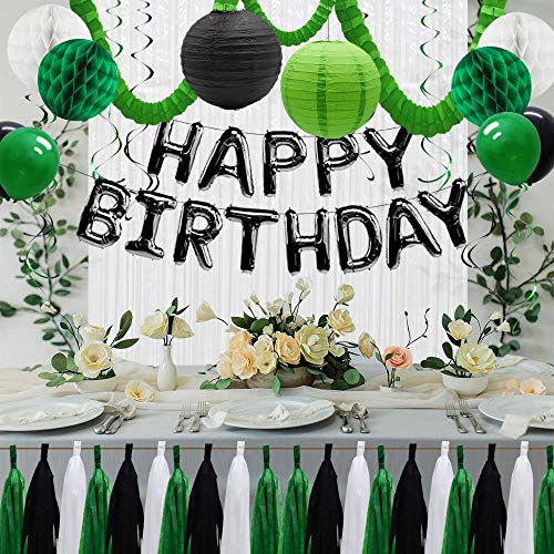 Green and Black Party Decorations, Green Birthday Decorations for Men Women  Boys Girls with Green Happy Birthday Banner Tablecloth Fringe Curtains